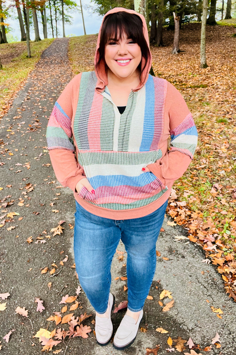 Maxct &Feeling Vintage Rust & Blue Stripe Textured Notched Hoodie