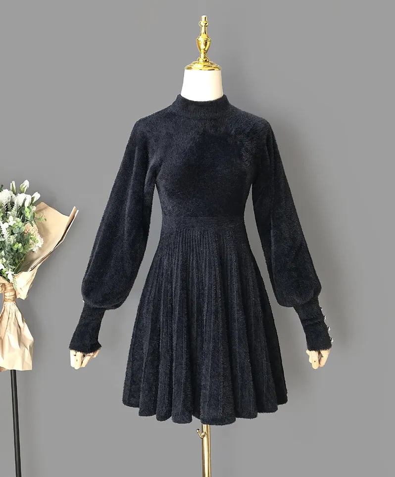 Fuzzy Puff Sleeve Sweater Dress Maxct