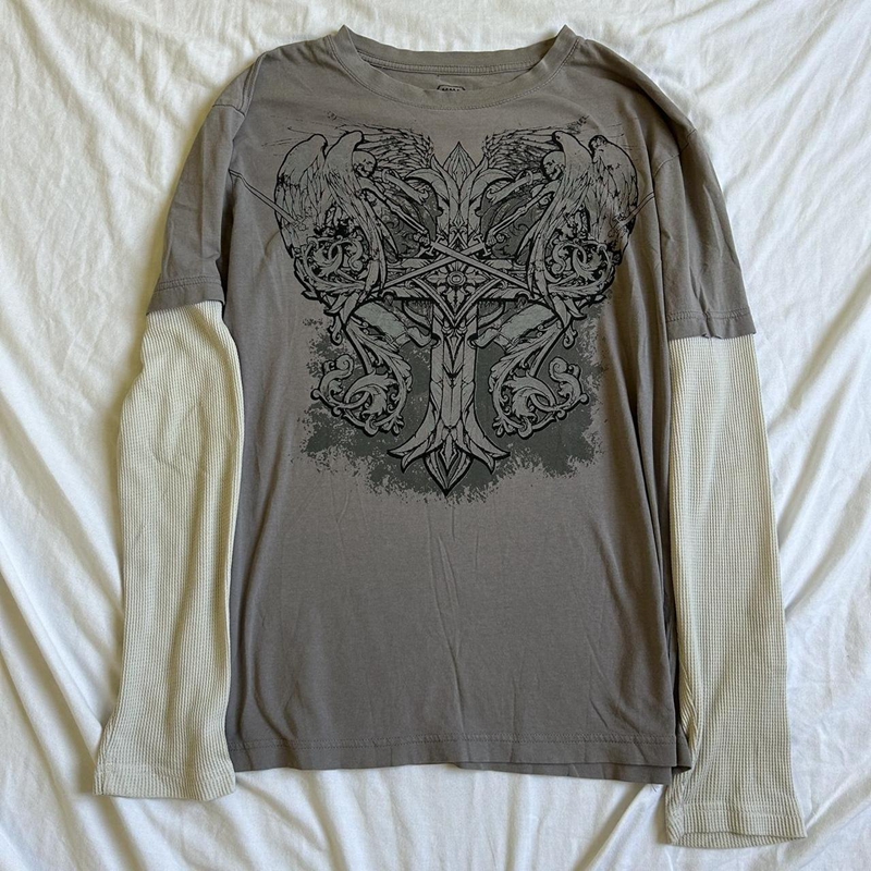 Japanese Edgy 00s Retro Gothic Emo T-shirt Cyber Y2K Grunge Mall Goth Top Patchwork Full Sleeve Baggy Pullovers Tees