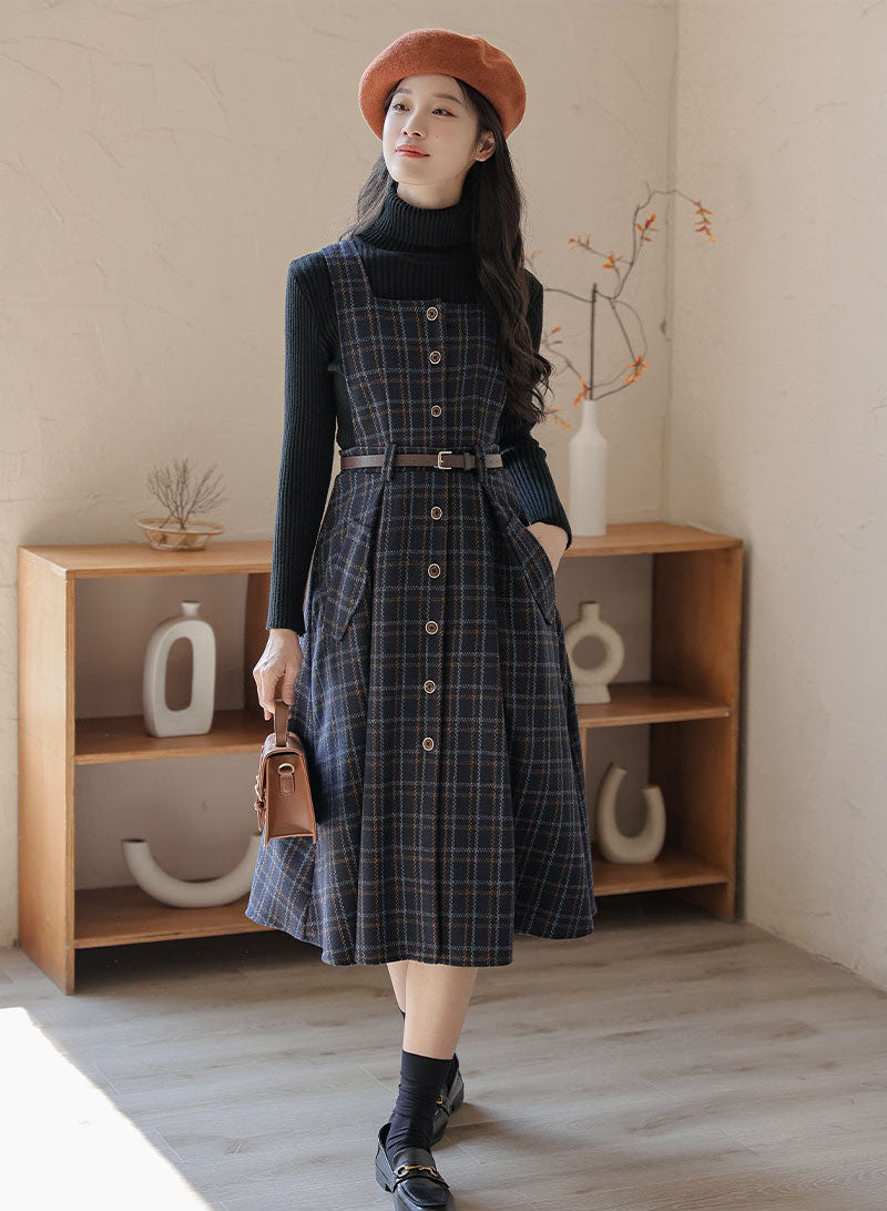 Button Up Plaid Pinafore Dress Maxct