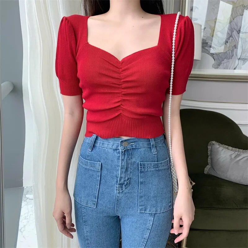 Maxct Puff Short Sleeve V-neck Knitted T-shirts Girls Solid Stretchy Crop Tops Thin Knitwear For Women