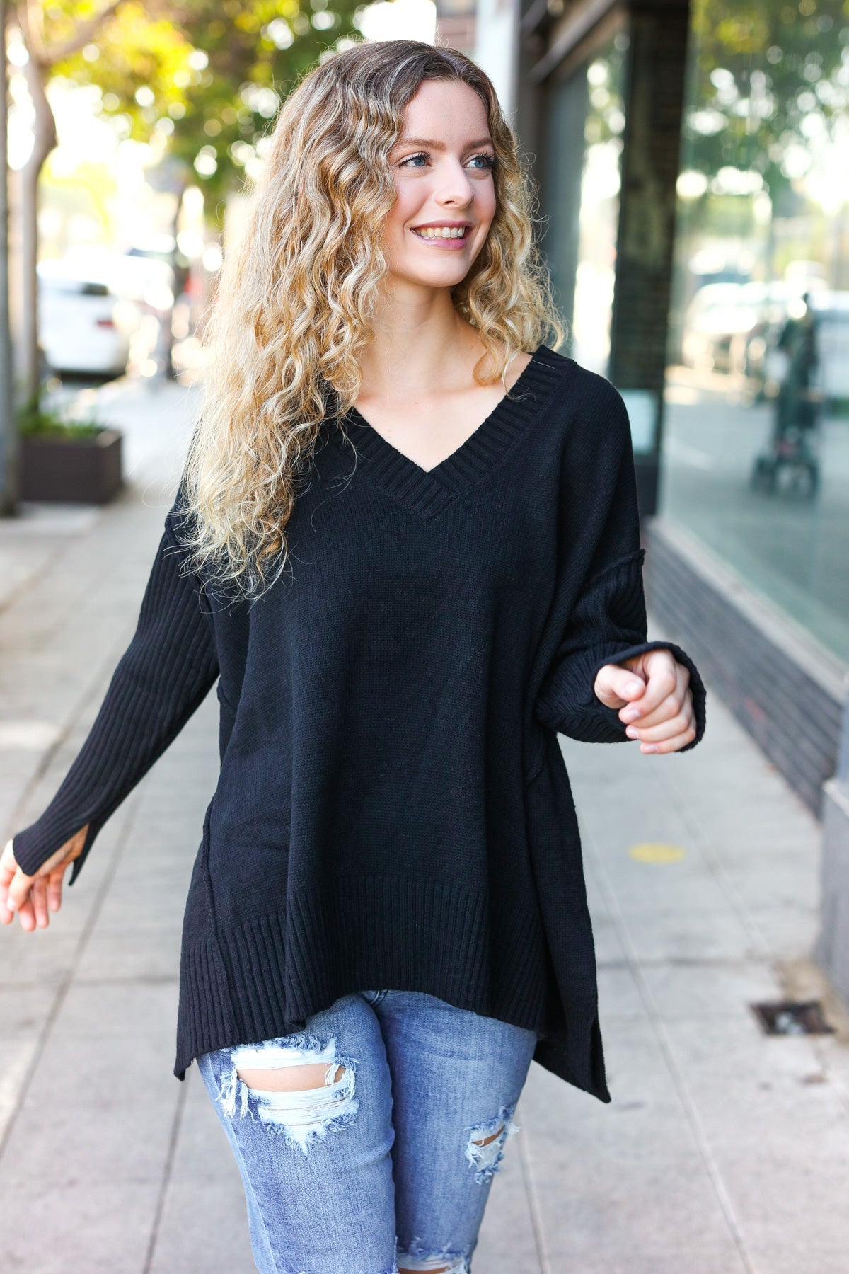 Maxct &Casual Chic Black Oversized V Neck Rib Knit Sweater
