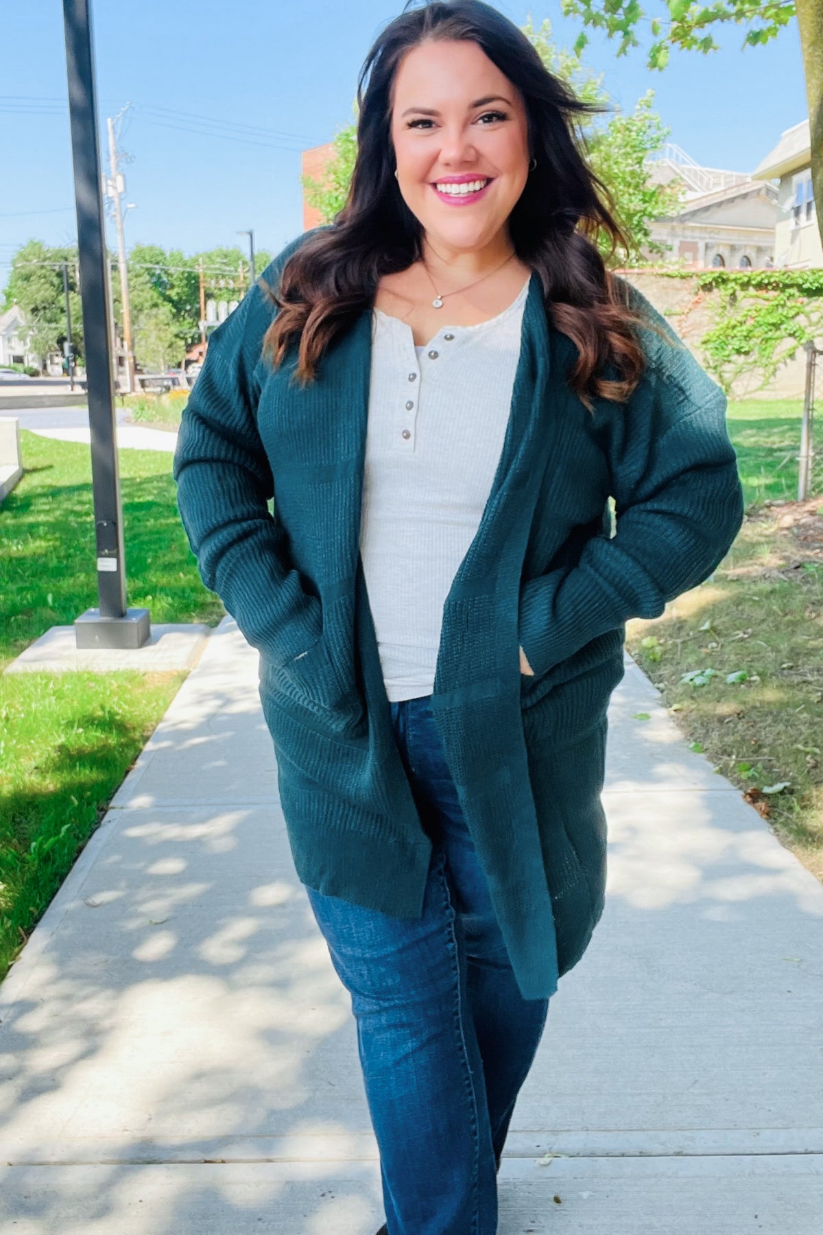 Maxct &Everyday Hunter Green Striped Knit Open Cardigan