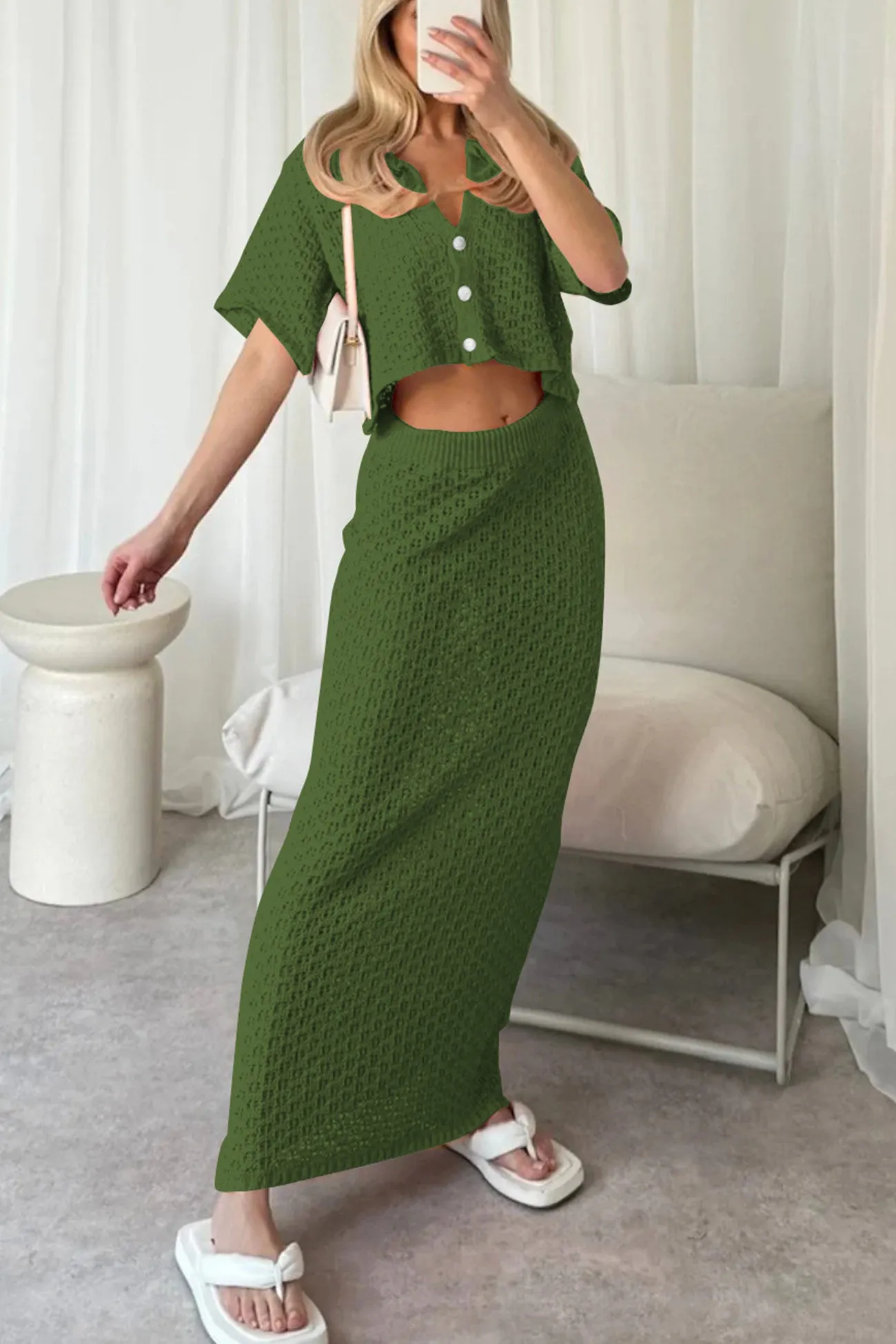 Maxct Hollow Out Crochet Blouses Midi Skirt Suits