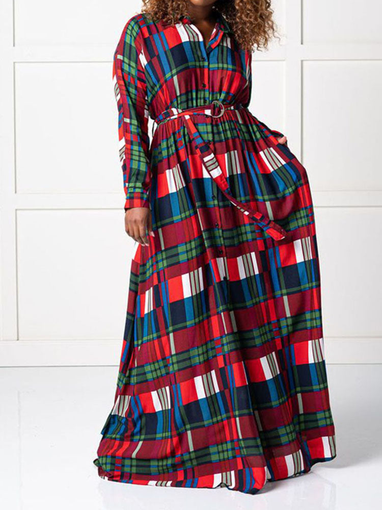 Plaid Print Shirt Collar Maxi Dress Maxct