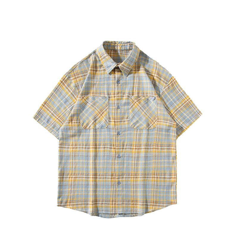 Maxct 90s Streetwear Japanese Niche Plaid Short-sleeved Shirt Men's Summer New Loose Trendy Brand All-match Shirt Couple's Coat Top