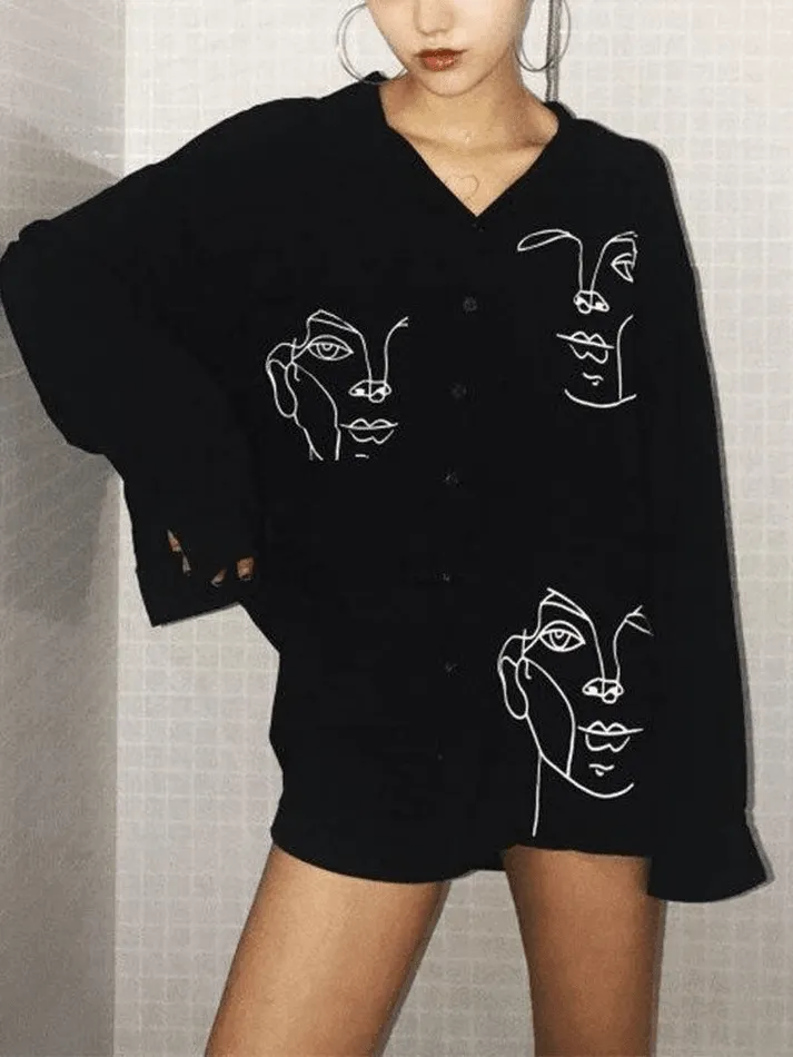Maxct Abstract Face Print Long Sleeve Blouse