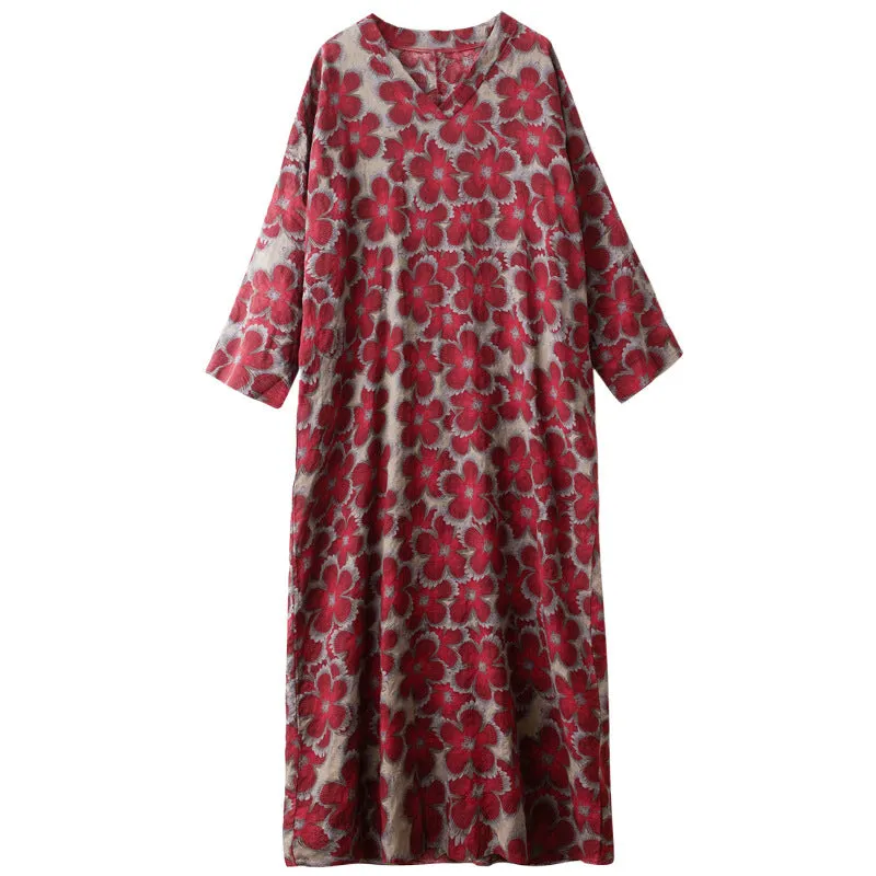 Maxct Women Plus Size Spring Floral Linen Maxi Dress