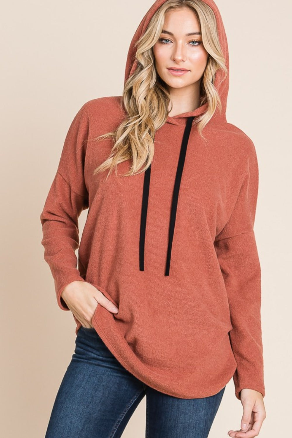 Maxct &BOMBOM Contrast Drawstring Drop Shoulder Knit Hoodie