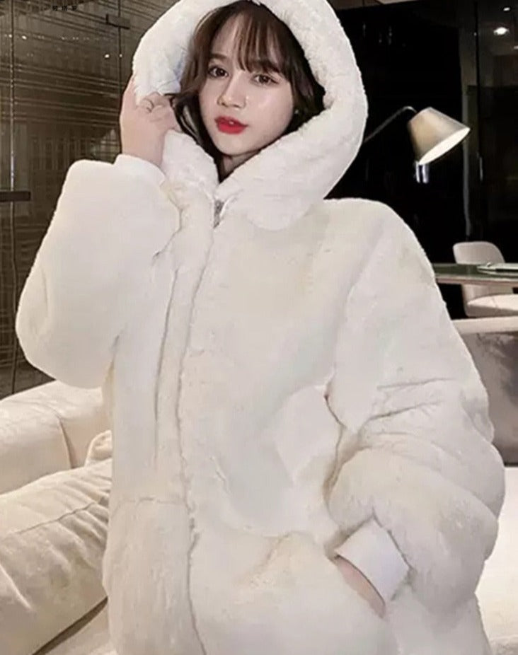 Warm Fluffy Loose White Hoodie for Women Maxct