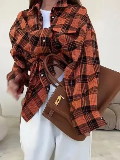 Maxct Retro Lapels Lattice Loose Shirt For Women Single-Breasted Long Sleeves Stripe Summer New Casual Versatile Pocket Shirt