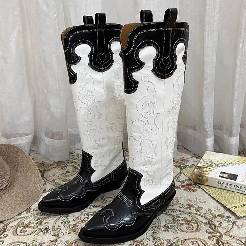 Womens Contrasting Embroidery Western Boots Knee High Cowboy Boots Maxct