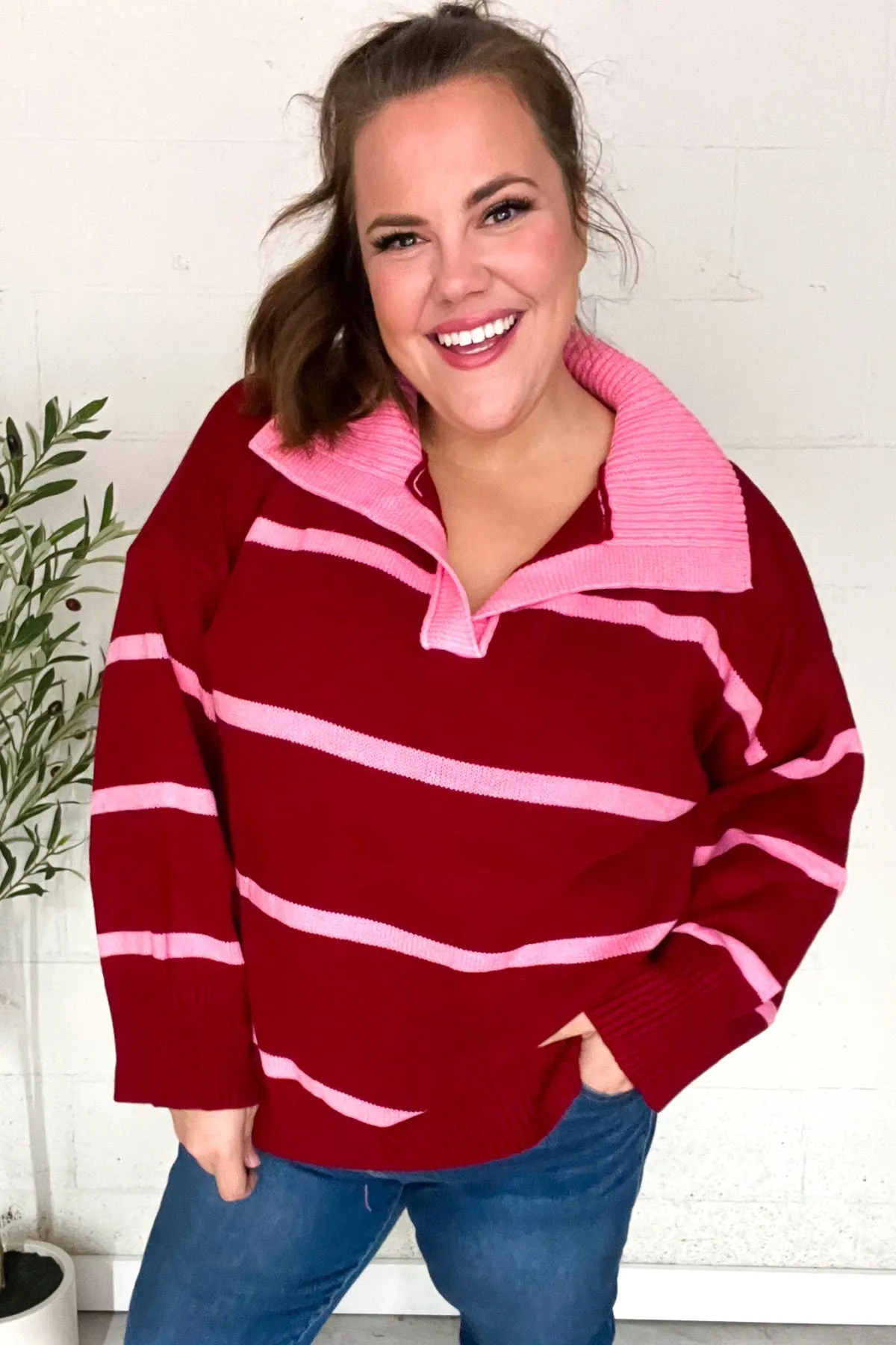 Maxct &Fall For You Crimson Stripe Notched Neck Collared Oversized Sweater
