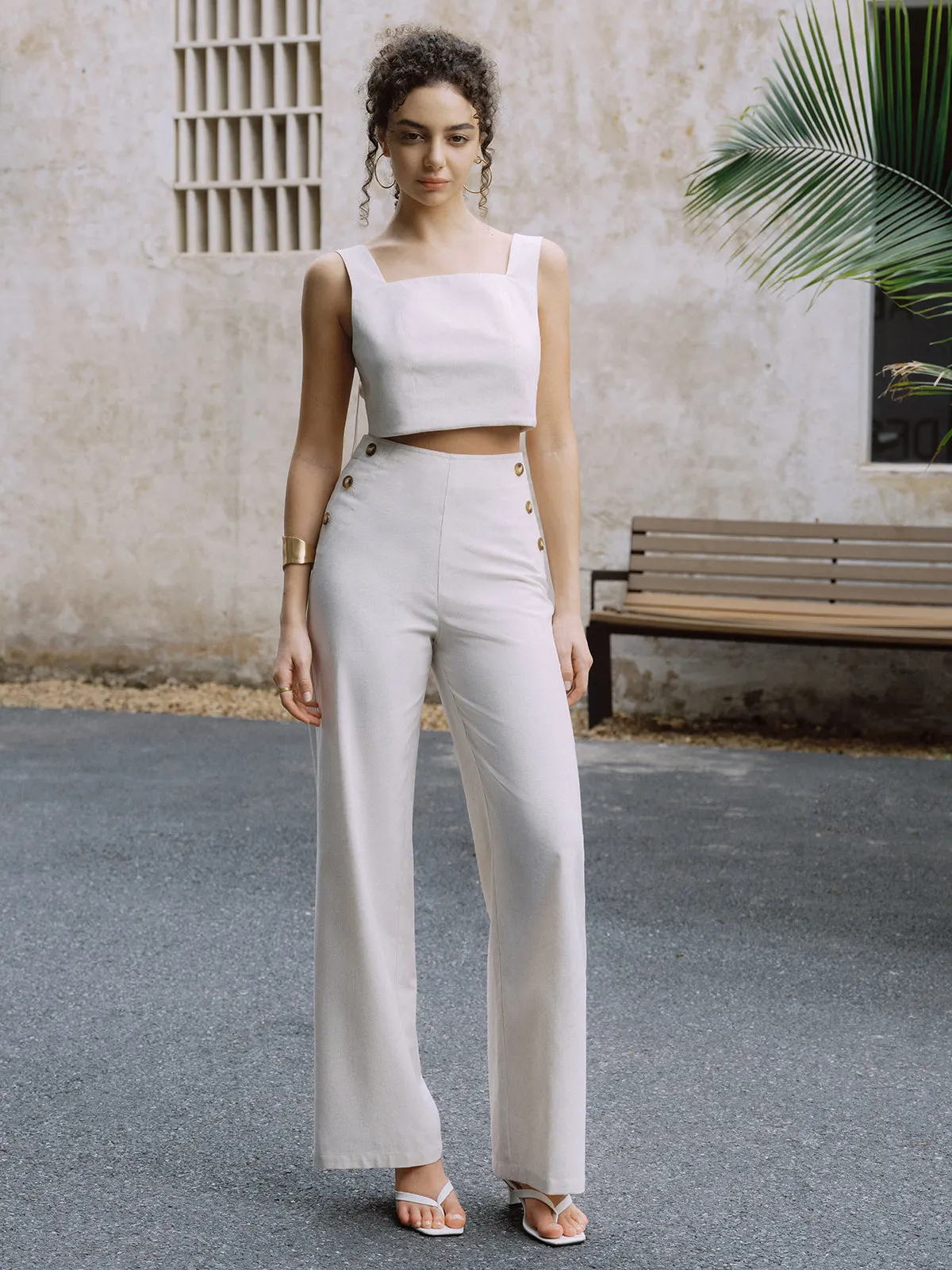 Maxct Cotton & Linen Button Decor Tank Top With Straight Leg Pants Set