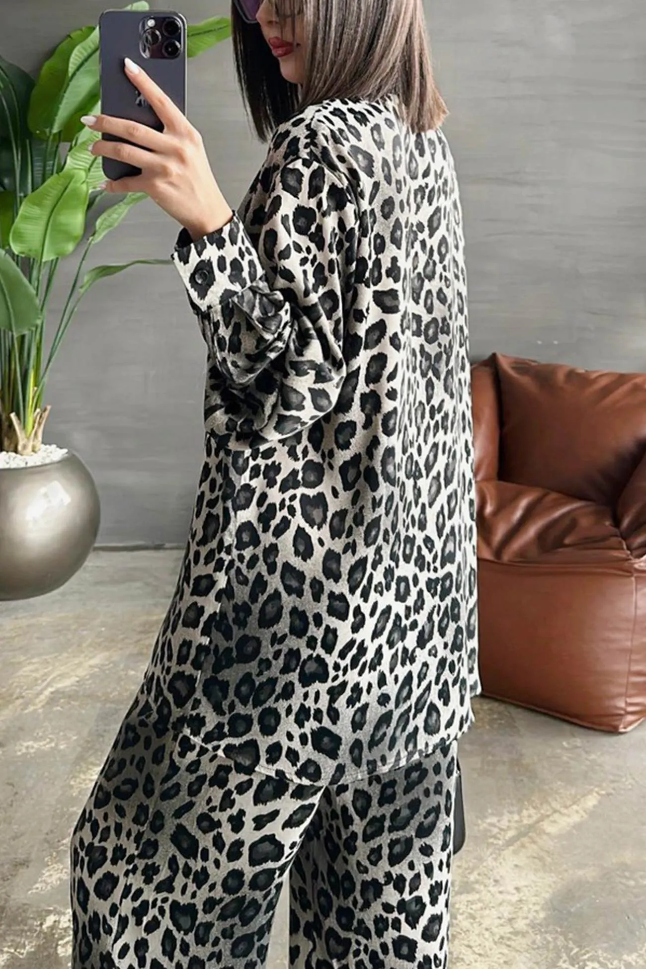 Maxct Leopard Print Long Sleeve Blouse Set