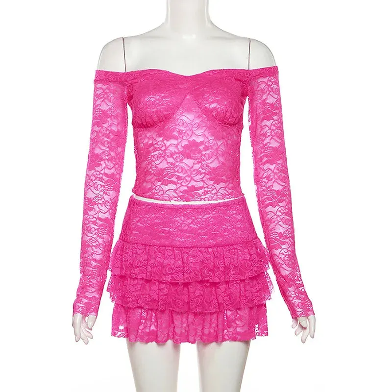 Sheer Lace Pink Two Piece Set Tiered Mini Skirt And Top Y2k Chic Outfits for Long Sleeve Dresses Maxct