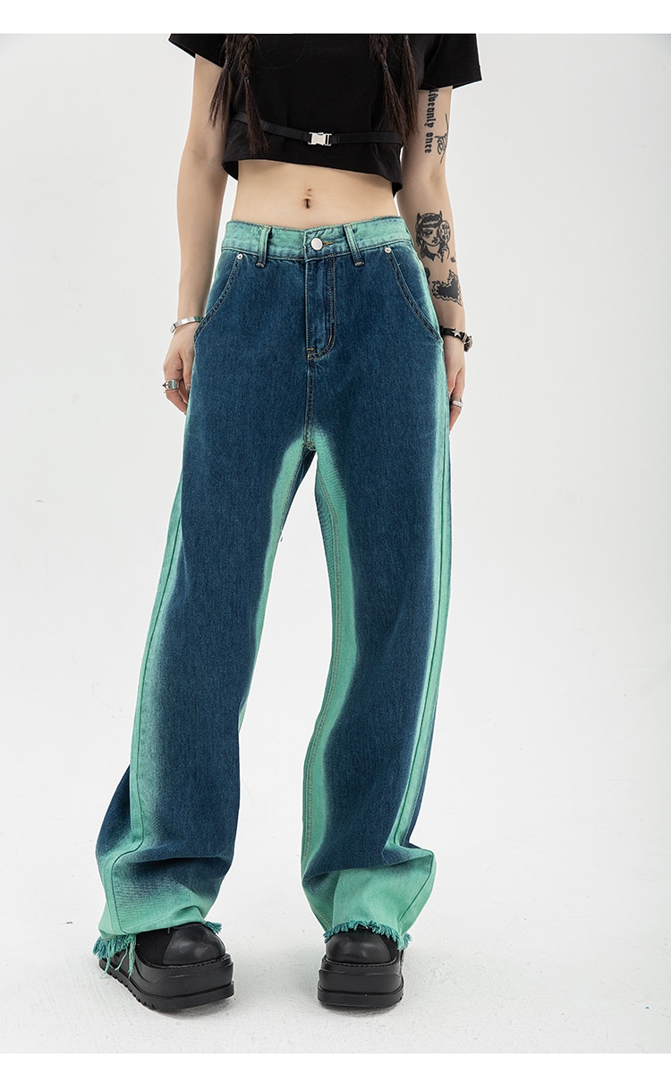 High Waist Straight Baggy Women's Jeans: Chic Design Streetwear Gradient Color Y2K Denim Wide Leg Trouser - true deals club