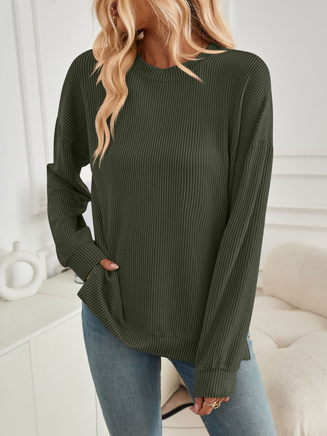 Maxct &Slit Round Neck Long Sleeve Sweatshirt