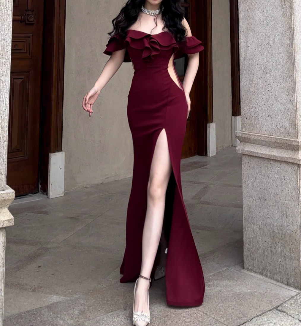 Women's Wear With Ear-rimmed Off-shoulder Bandage Dress French Style Women's Summer Party Adult Ceremony Evening Dress Dress