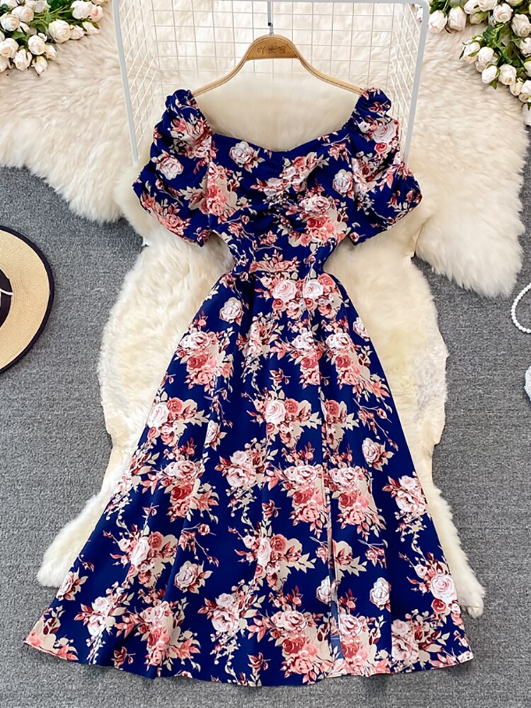 Vintage Women Printed Dresss Sexy Square Collar Short Puff Sleeve High Waist A-Line Vacation Beach Vestidos Female New