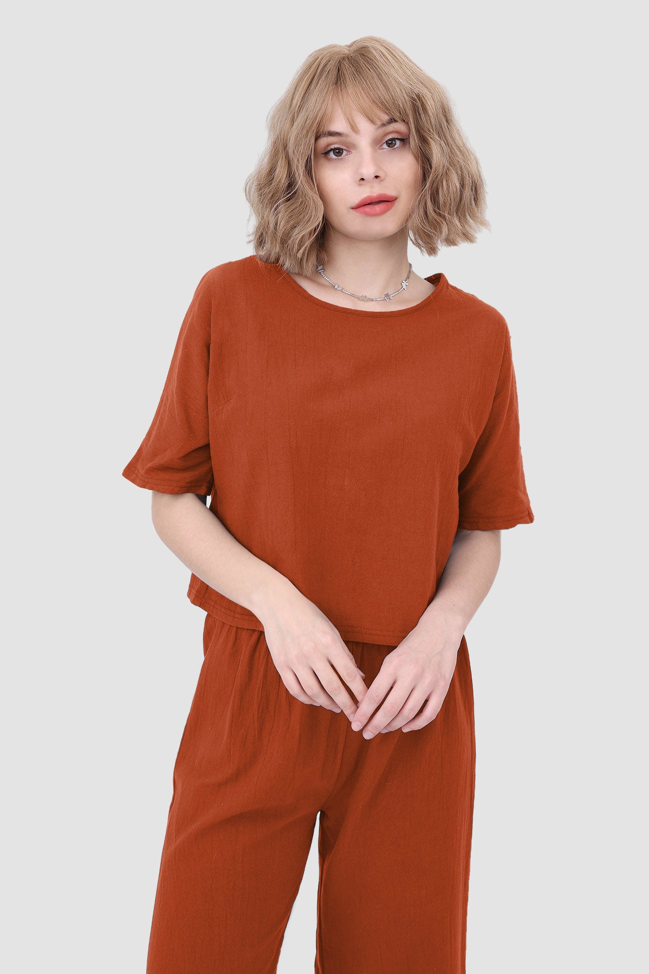 Maxct Solid Short Sleeve Top & Elastic Waist Pants