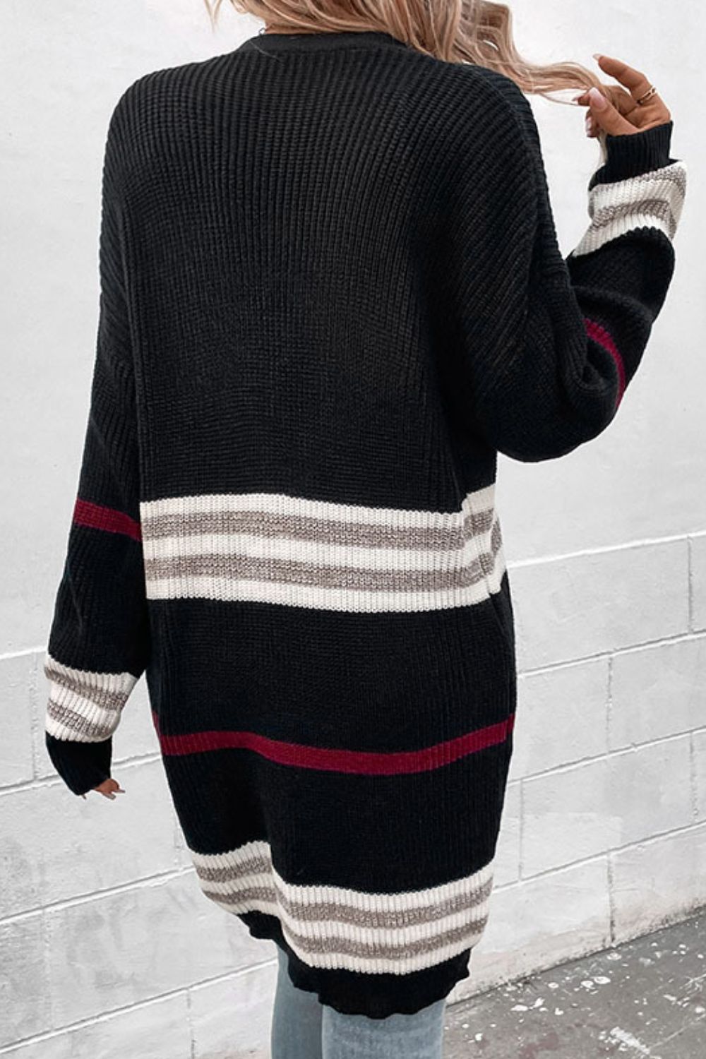 Maxct &Striped Rib-Knit Drop Shoulder Open Front Cardigan
