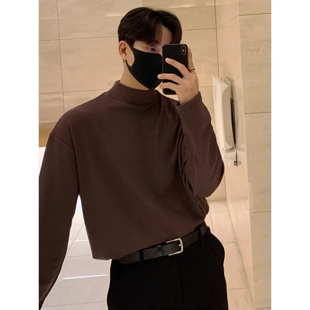 Maxct classy outfits men Solid Color Half Turtleneck Men's Spring and Autumn Long-Sleeved T-shirt Bottoming Shirt Korean Style Loose Casual High Sense Autumn Inner Wear Men