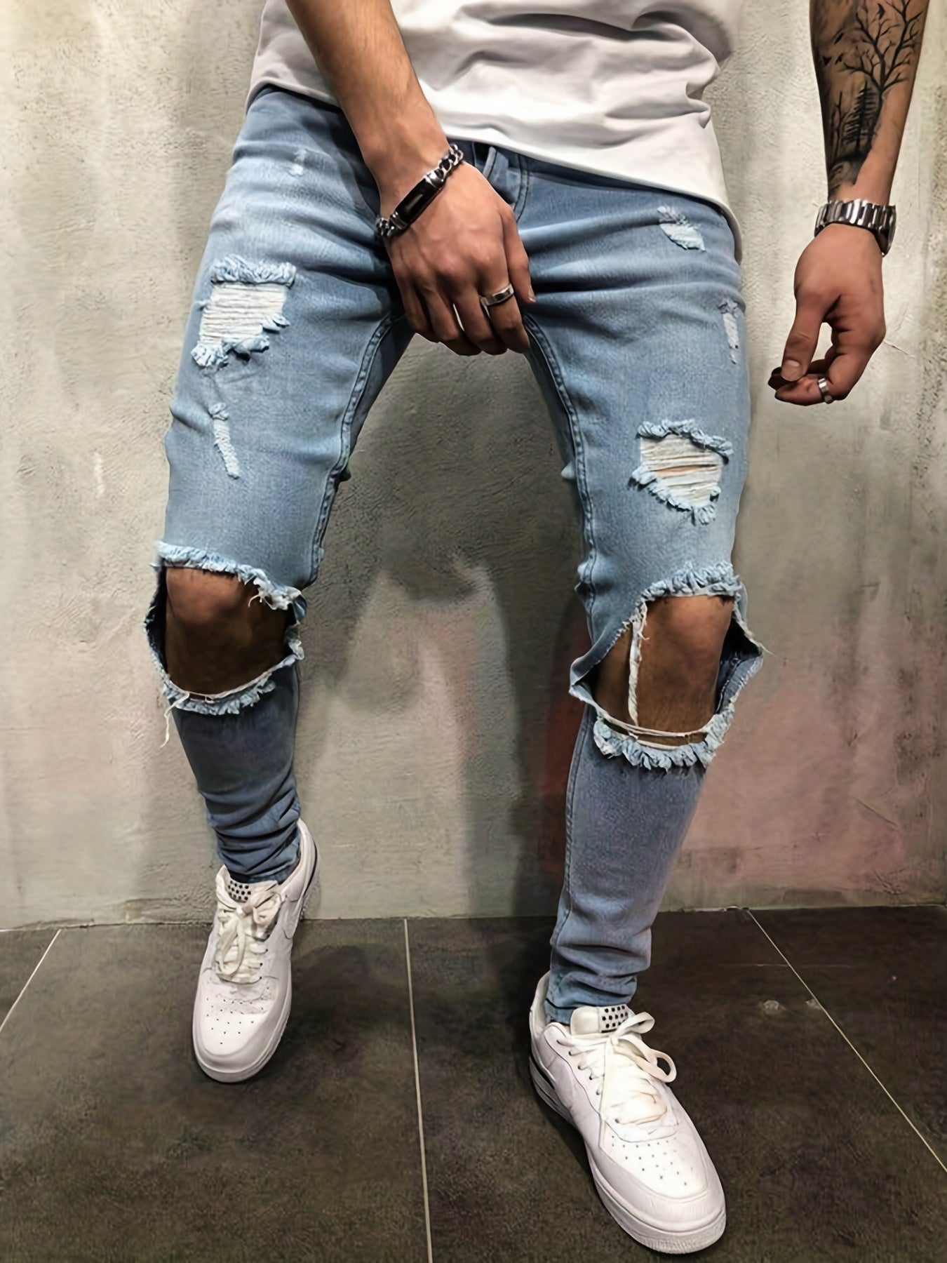 Maxct  Slim Fit Ripped Jeans, Men's Casual Street Style Distressed Mid Stretch Denim Pants For Spring Summer