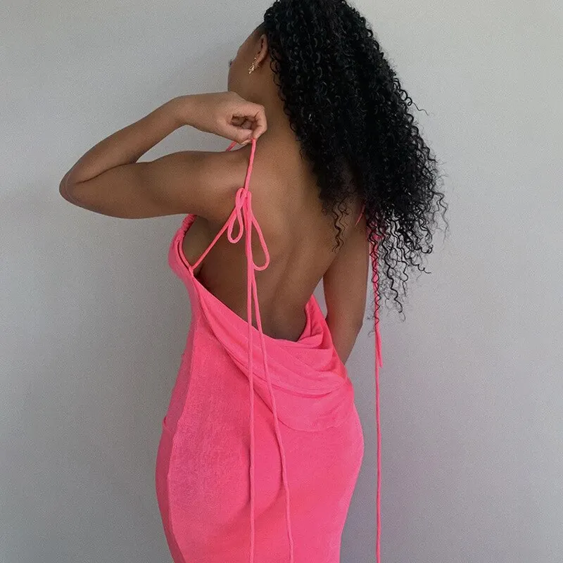 Elegant Fashion Halter Sexy Backless Draped Maxi Dress Women Summer Club Party Long Straps Shift Dresses Clothes