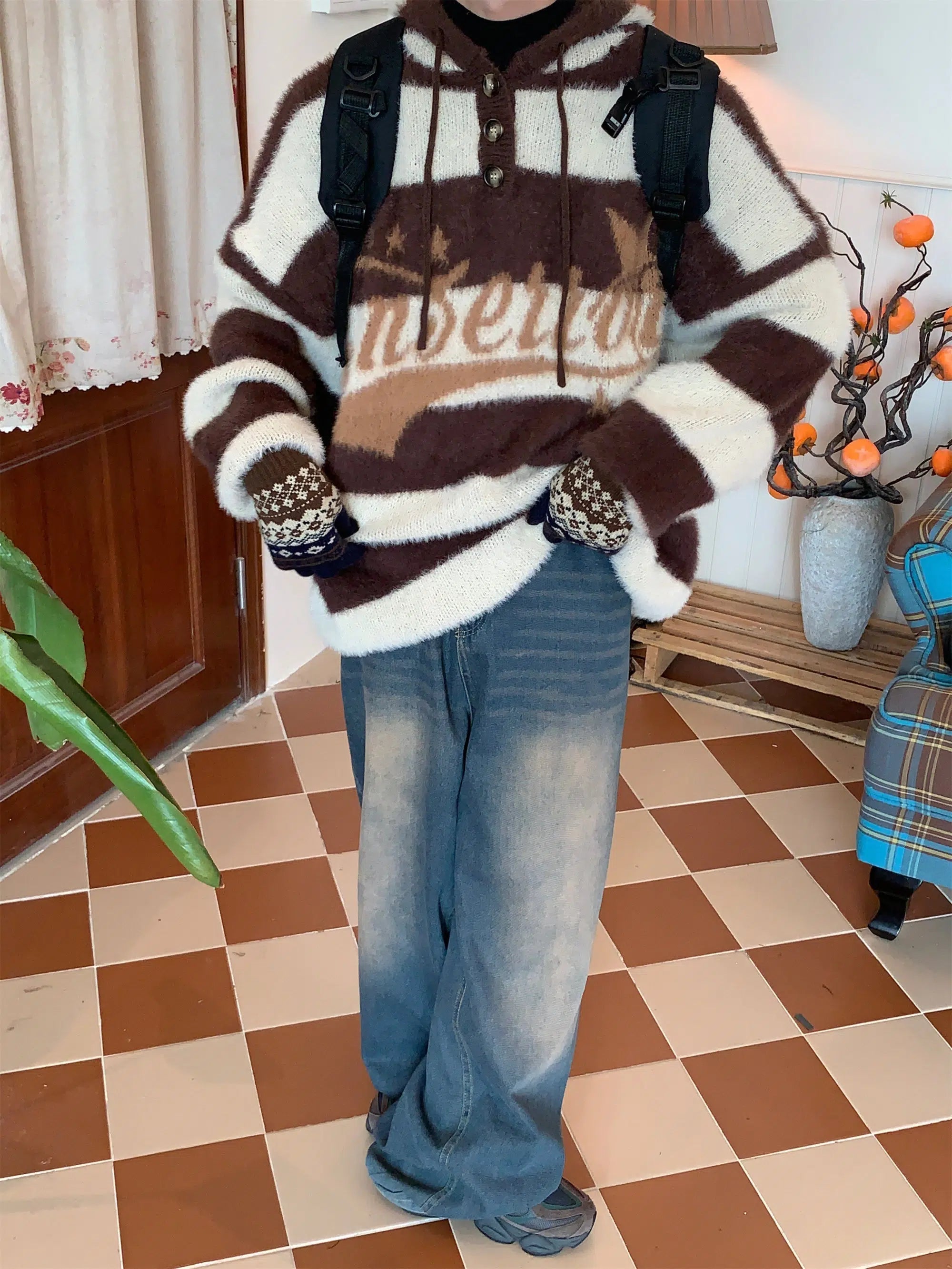 Maxct Faux Mink Striped Hooded Sweater