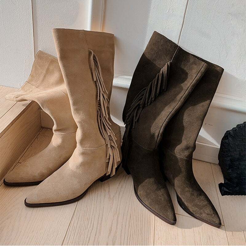 Womens Suede Knee High Boots 40mm Block Heel Tassels Cowboy Boots Maxct
