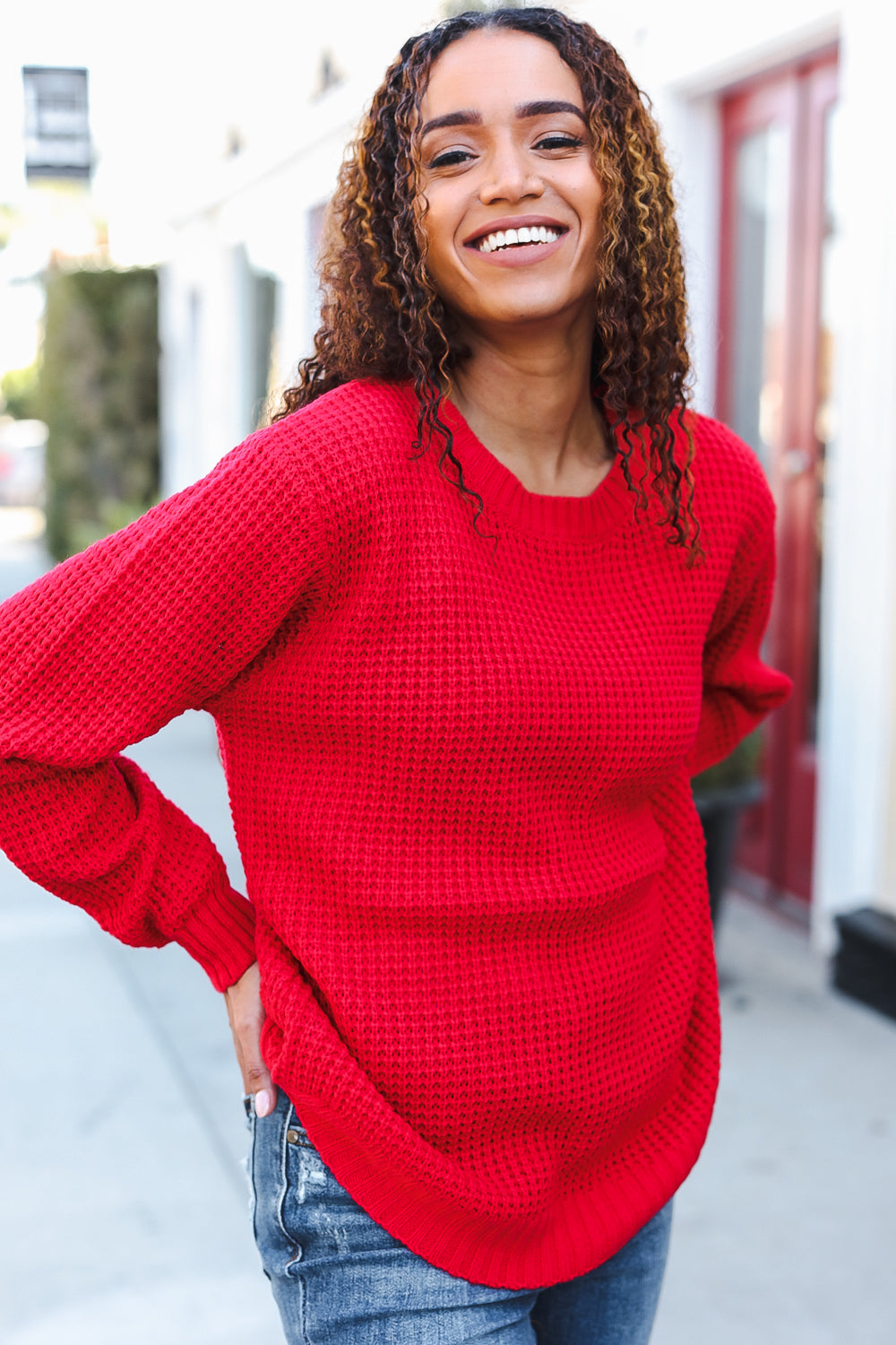 Maxct &All Present Christmas Red Waffle Knit Hi-Low Sweater