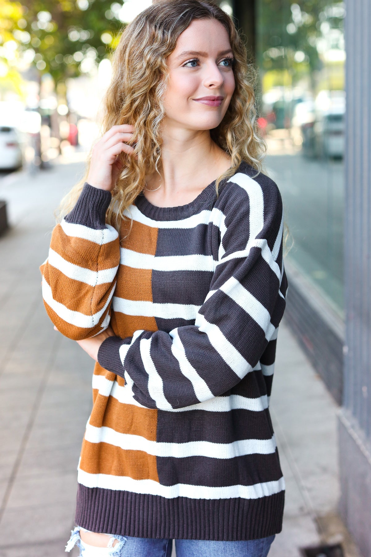 Maxct &Camel & Charcoal Striped Color Block Sweater