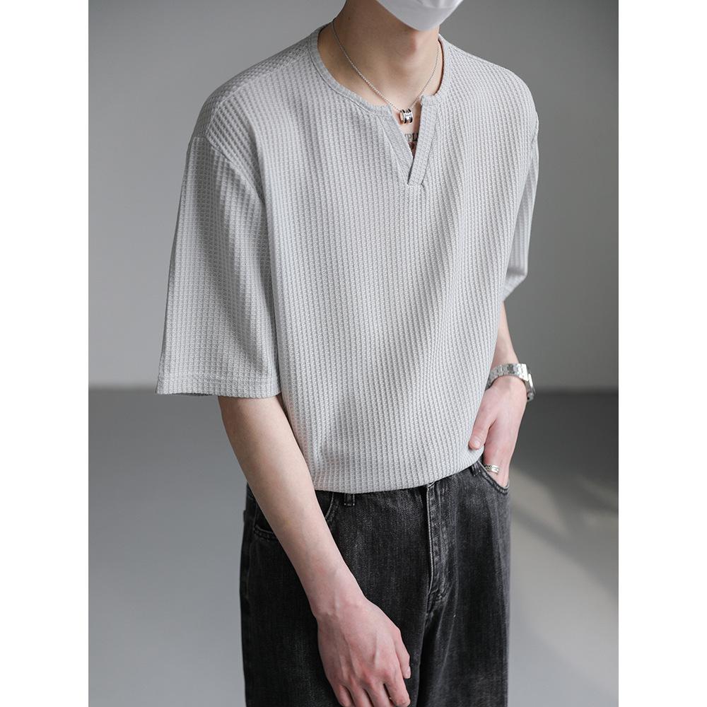 Maxct 90s Streetwear Summer New Korean Style Loose Small V-neck Short-sleeved T-shirt Men's Fashion Brand Wafflet High-end Sense Half-sleeved T-shirt Top