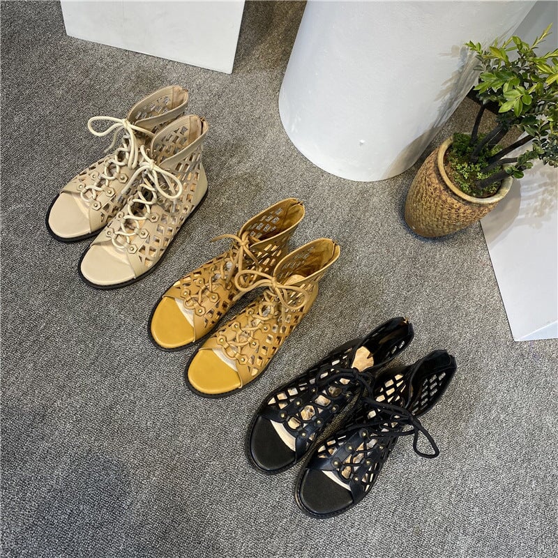 Strappy Sandals Boots Open Toe Back Zipper Flat Gladiator Sandals Maxct