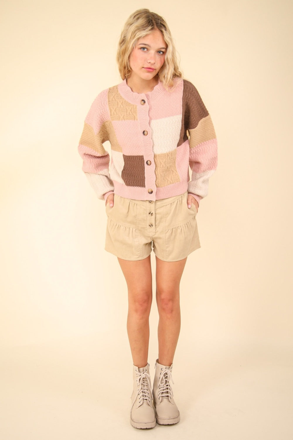 Maxct &VERY J Color Block Button Down Textured Sweater Cardigan