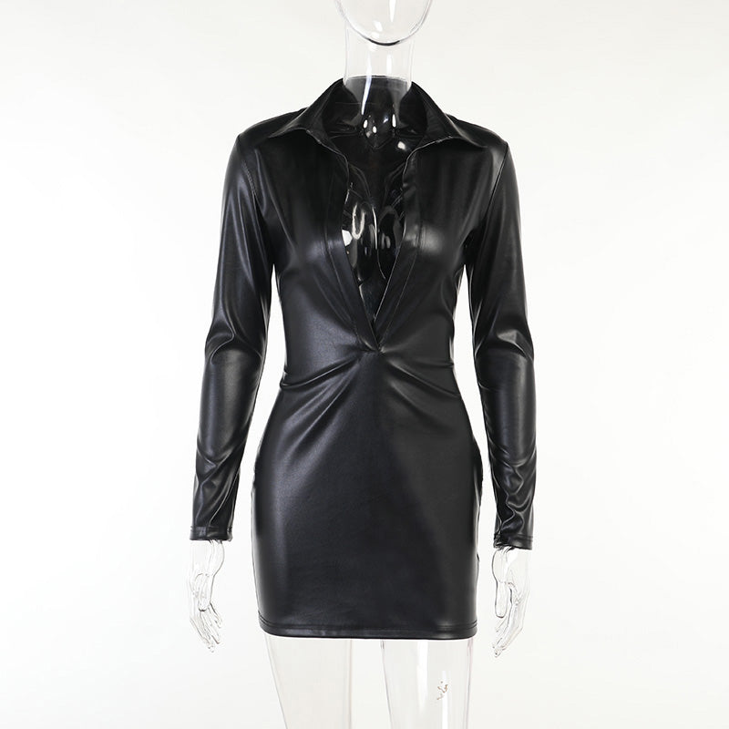 Voguable  Pu Leather Deep V Neck Long Sleeve Loose Mini Dress Winter Casual Streetwear Outfits Club Y2K Maxct