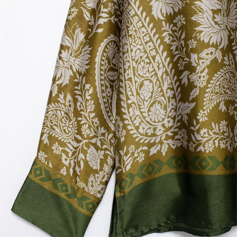 Autumn New Women's Fashion Versatile Collar Long Sleeve Shirt Silk Texture Printed Pants Casual Set