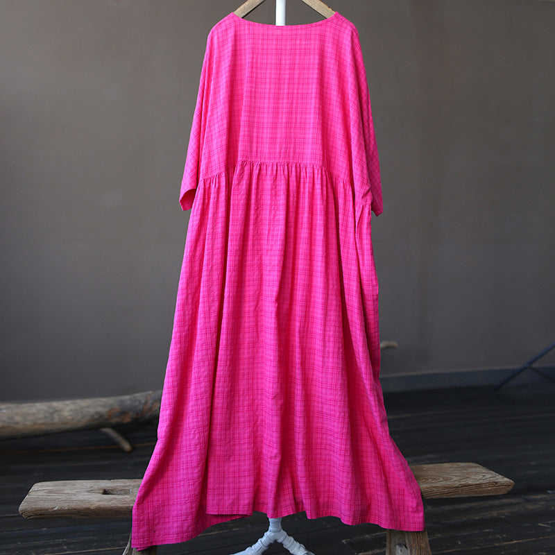 Round Neck Plaid Loose Cotton Midi Dress