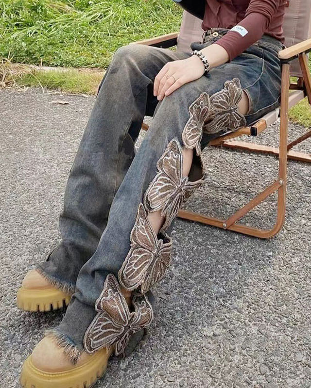 Grunge Aesthetic Butterfly Cut Out Jeans Maxct