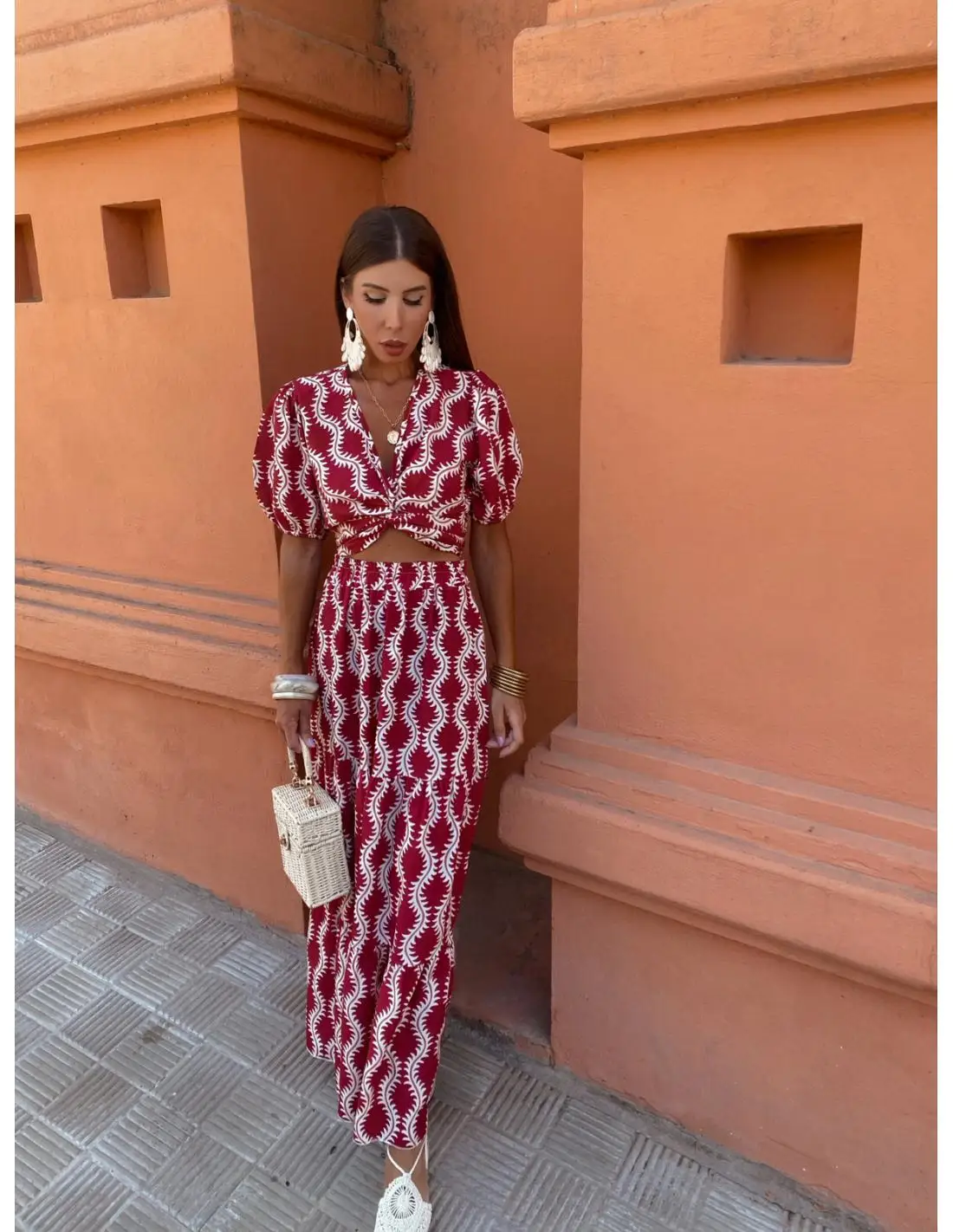 Women's Red Print Cutout Ruffle-Hem Maxi Dress