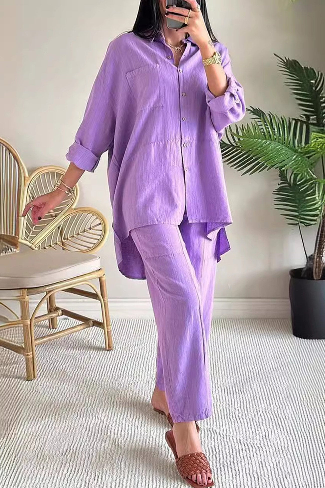 Maxct Irregular Hem Button Cuff Blouse Pants Set