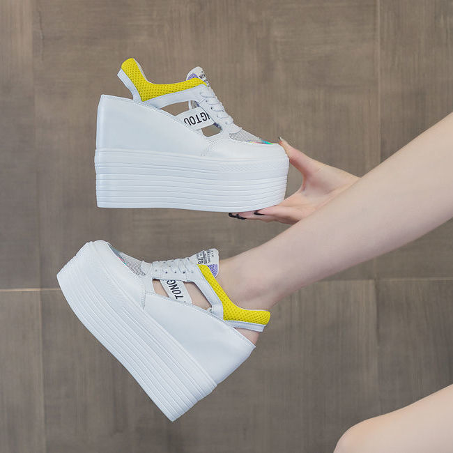Genuine Leather Women's Platform Sneakers - 12cm Heel - true deals club