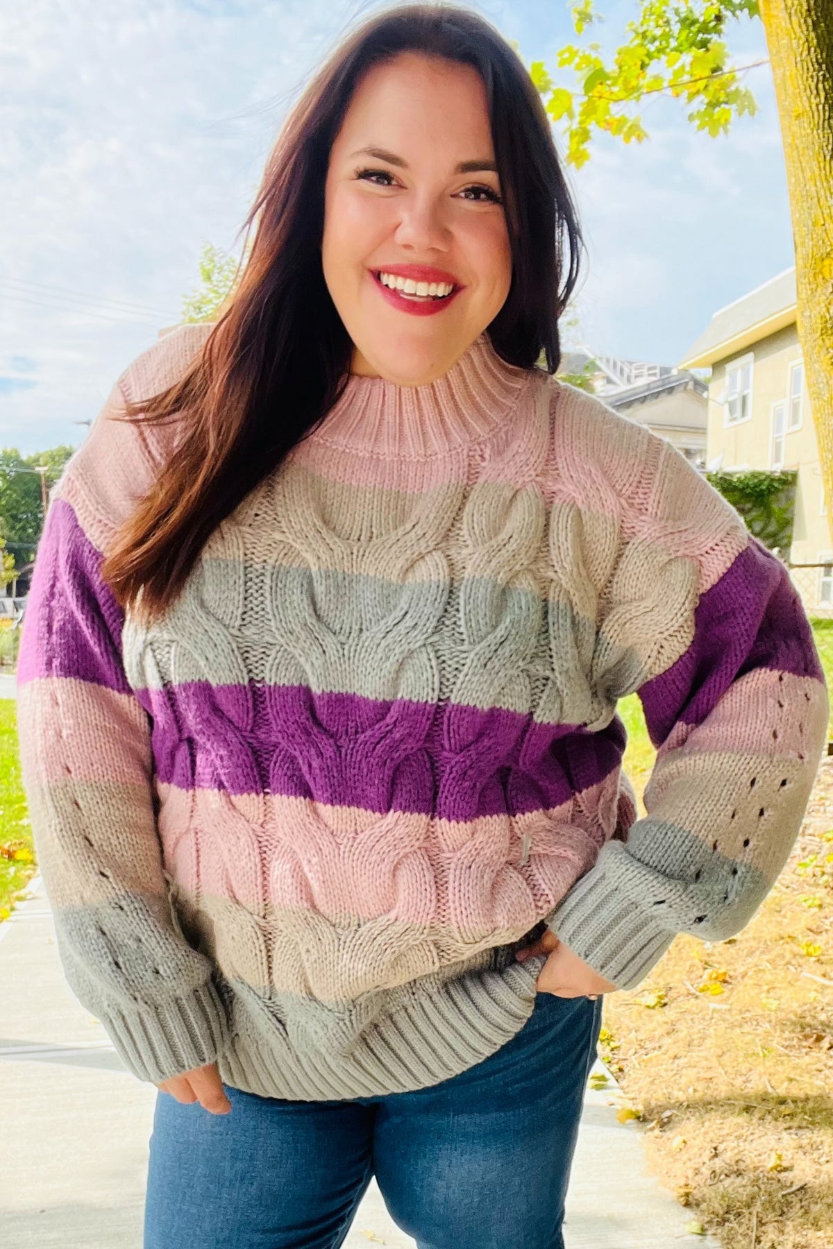Maxct &Fall For You Mauve Multicolor Stripe Cable Knit Mock Neck Sweater