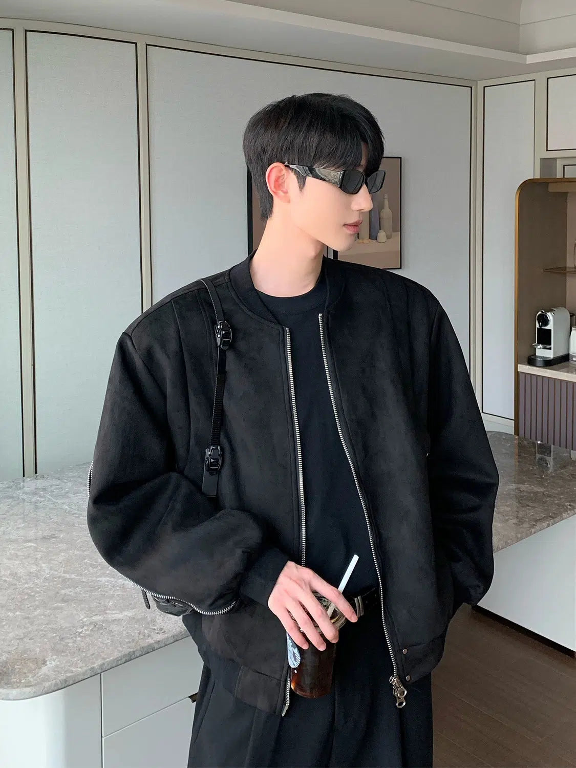 Maxct Zipper Velvet Suede Baseball Jacket