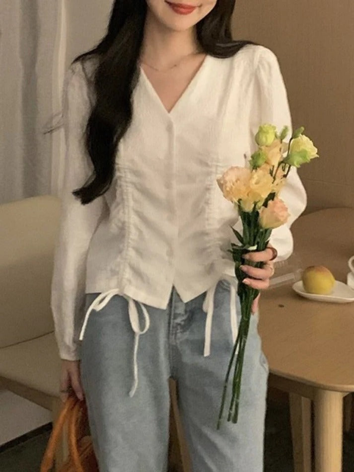 Maxct Lace Up Button Front Long Sleeve Blouse