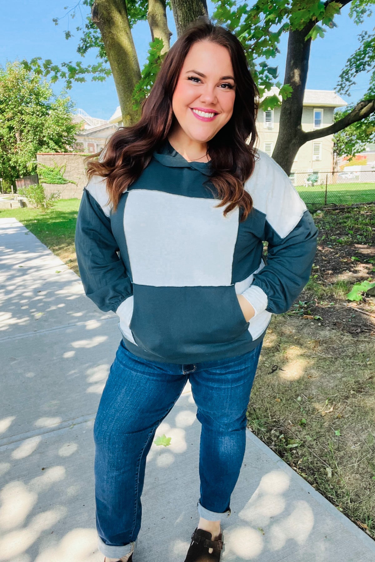 Maxct &Adorable In Hunter Green Color Block Check Print Terry Hoodie