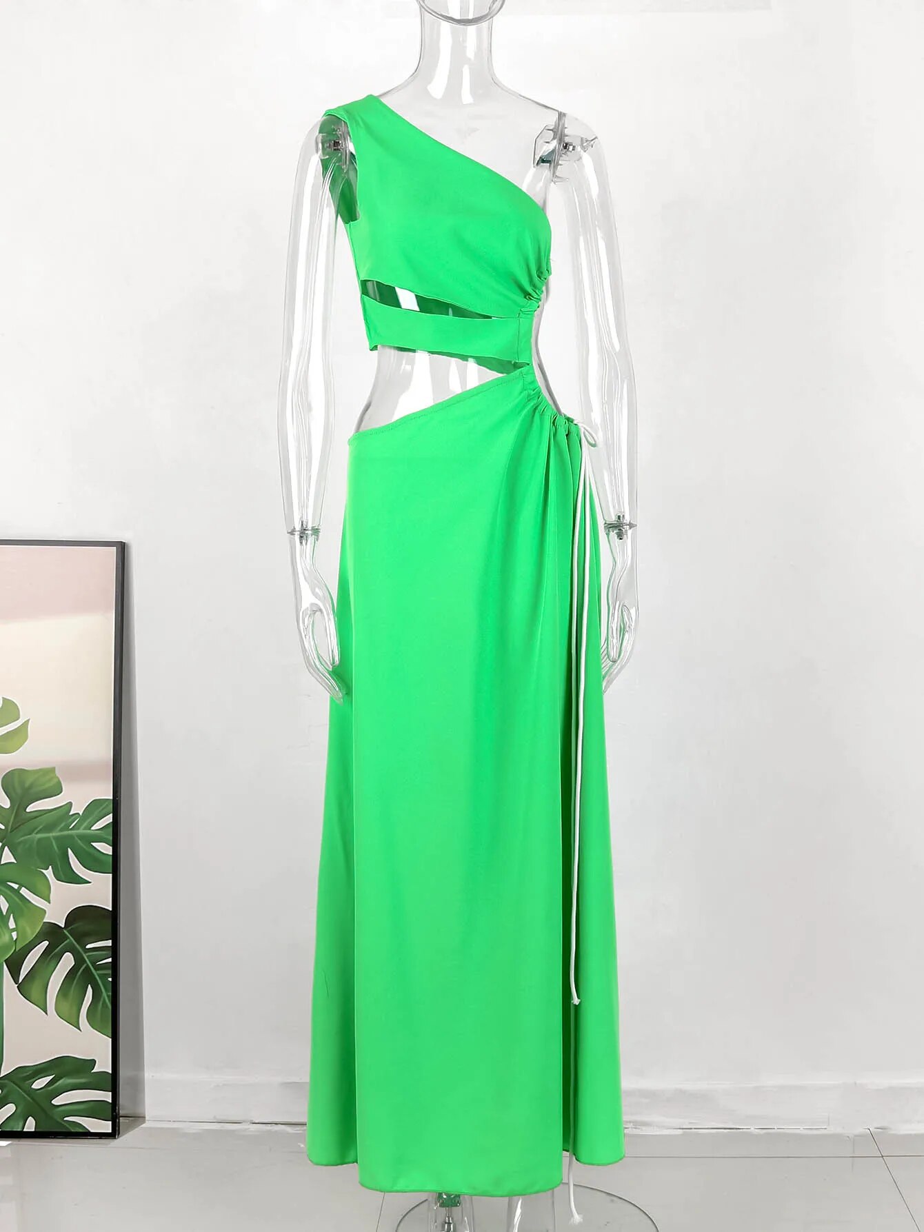 Maxct Fashion One Shoulder Green Long Dress Women Hollow Out Bodycon Summer Beach Dresses Side Split Wedding Party Vestidos Mujer