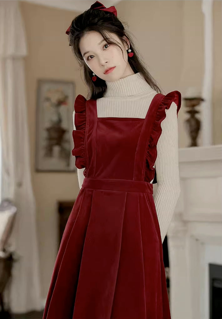 Frilly Corduroy Apron Pinafore Dress Maxct