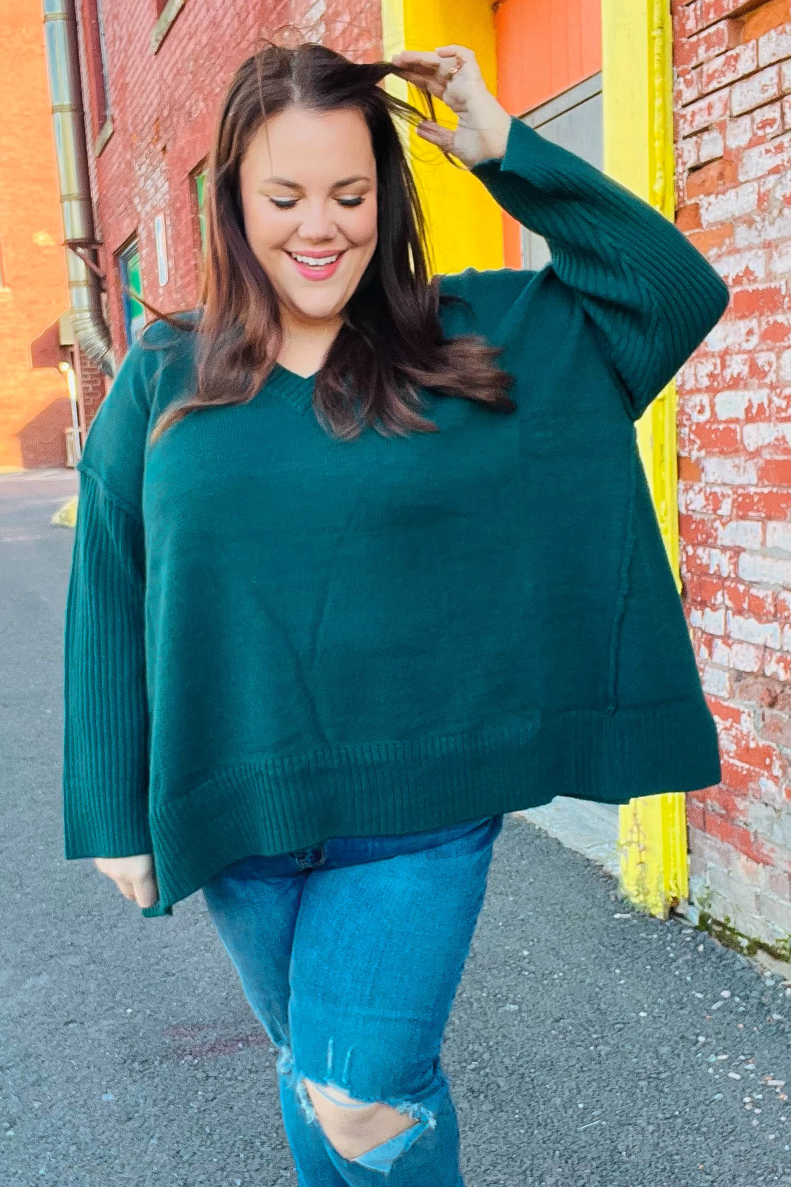 Maxct &Casual Chic Hunter Green Oversized V Neck Rib Knit Sweater